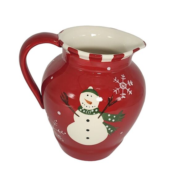 Snowman And Snowflakes Red Christmas Ceramic Pitcher Holiday Decor 7x7in - Picture 6 of 8